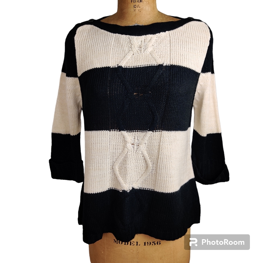 Women’s Black & White Striped Knit Sweater, Cable Knit Center Design, M, NWT